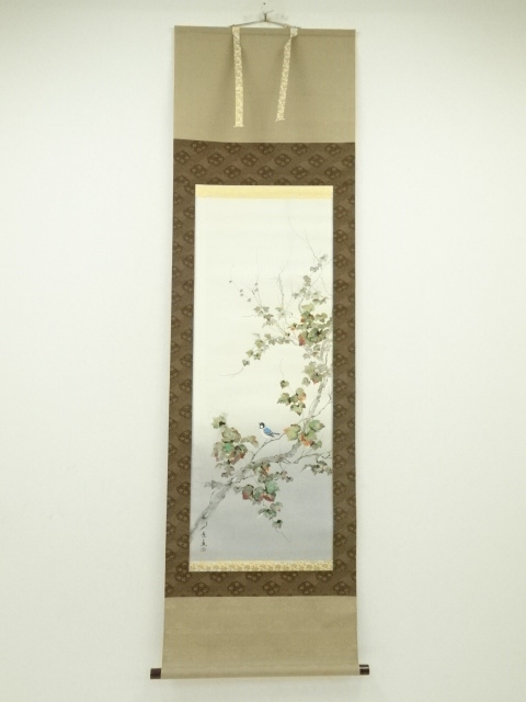 JAPANESE HANGING SCROLL / HAND PAINTED / FLOWER & BIRD 